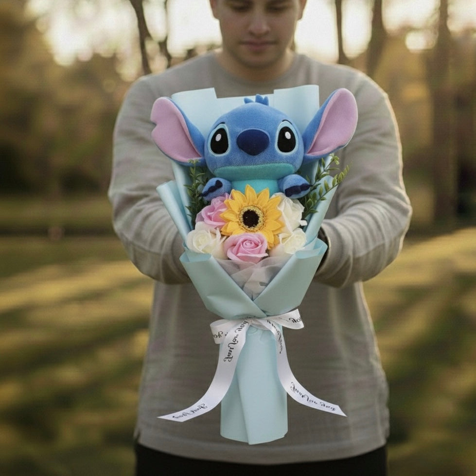 Bouquet Lilo & Stitch - Blu con rose rosa