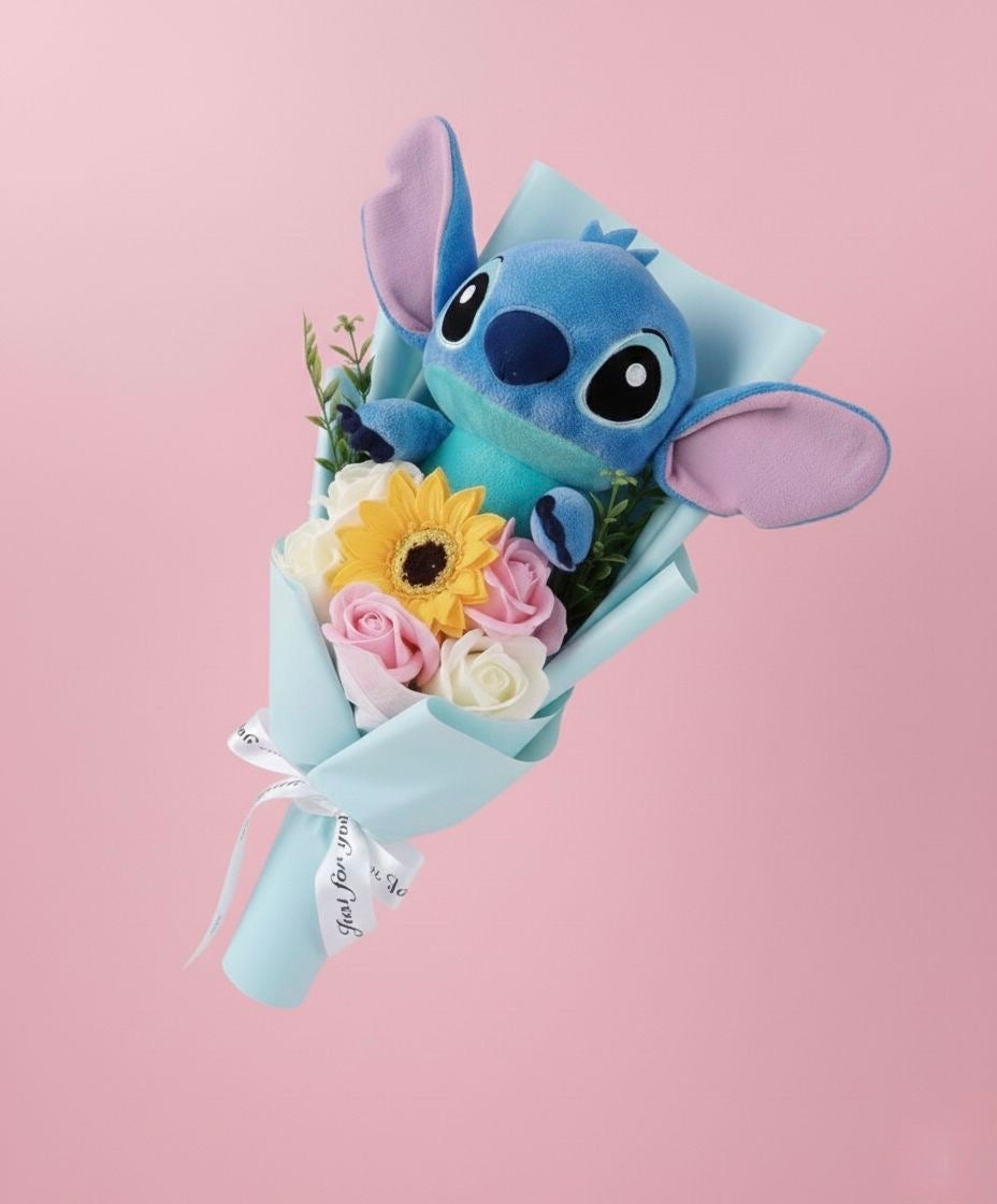 Bouquet Lilo & Stitch - Blu con rose rosa