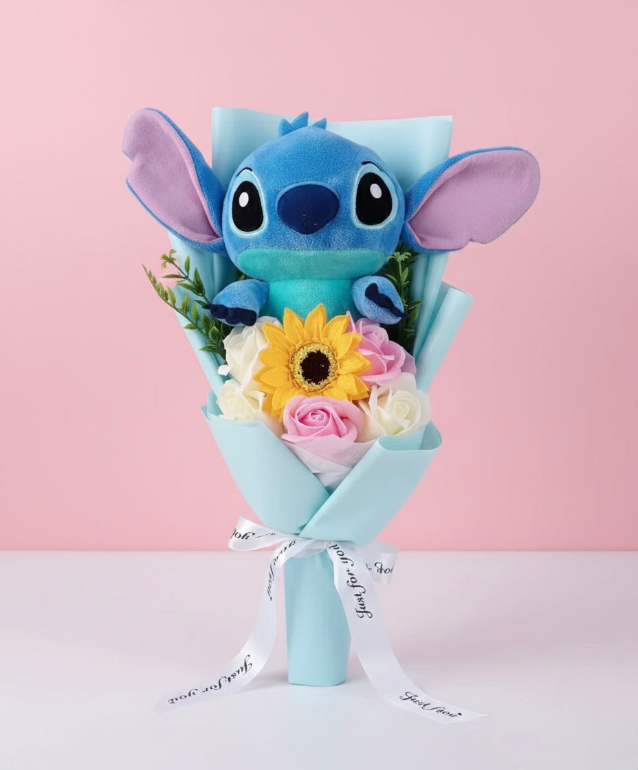 Bouquet Lilo & Stitch - Blu con rose rosa