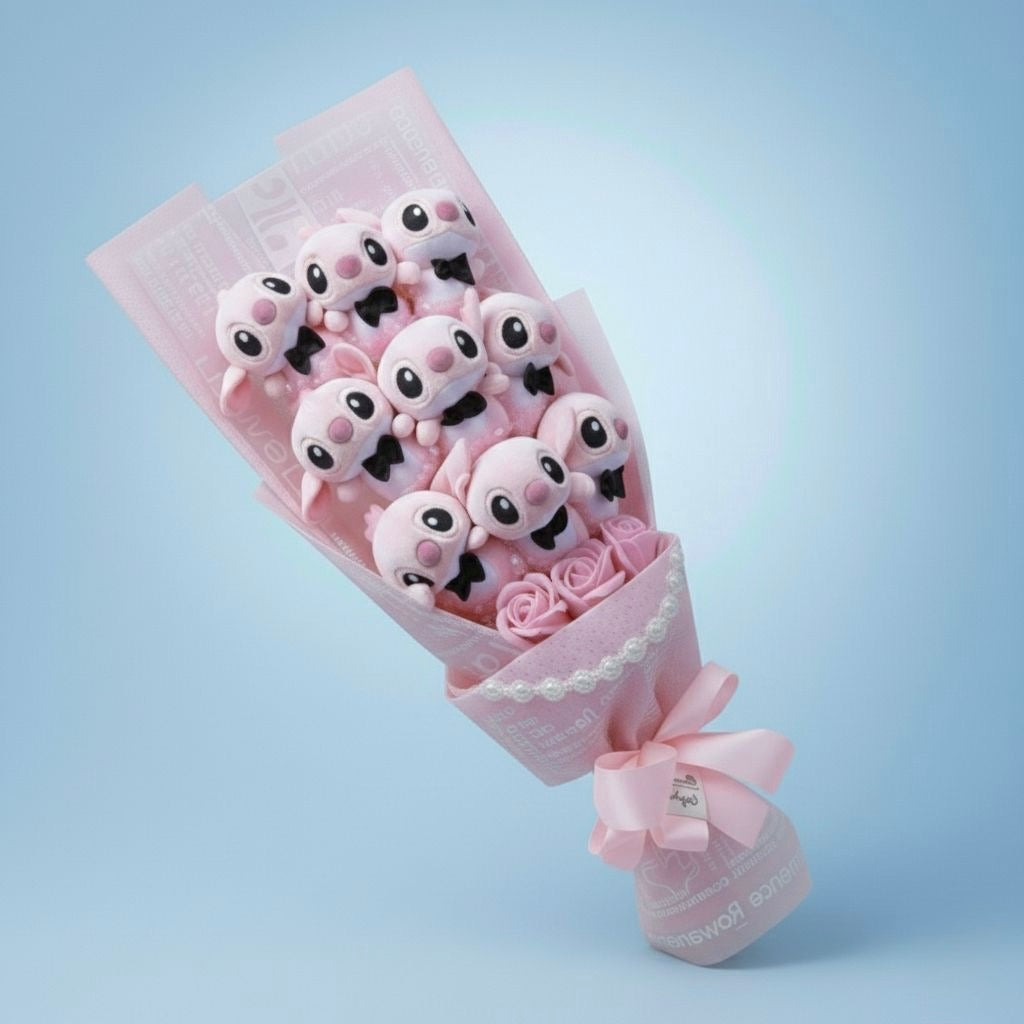 Bouquet BIG 55cm Lilo & Stitch - 9 pupazzi e rose - Rosa