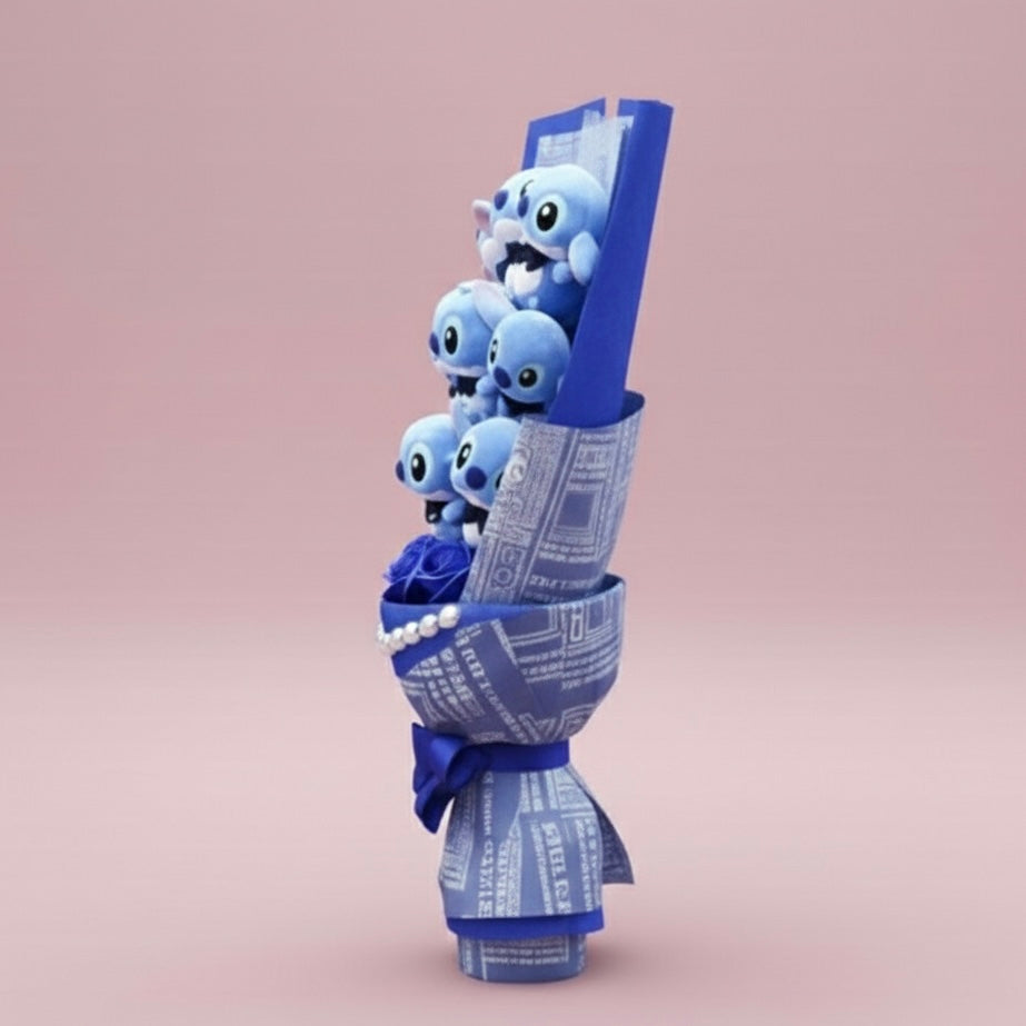 Bouquet BIG 55cm Lilo & Stitch - 9 pupazzi e rose - Blu