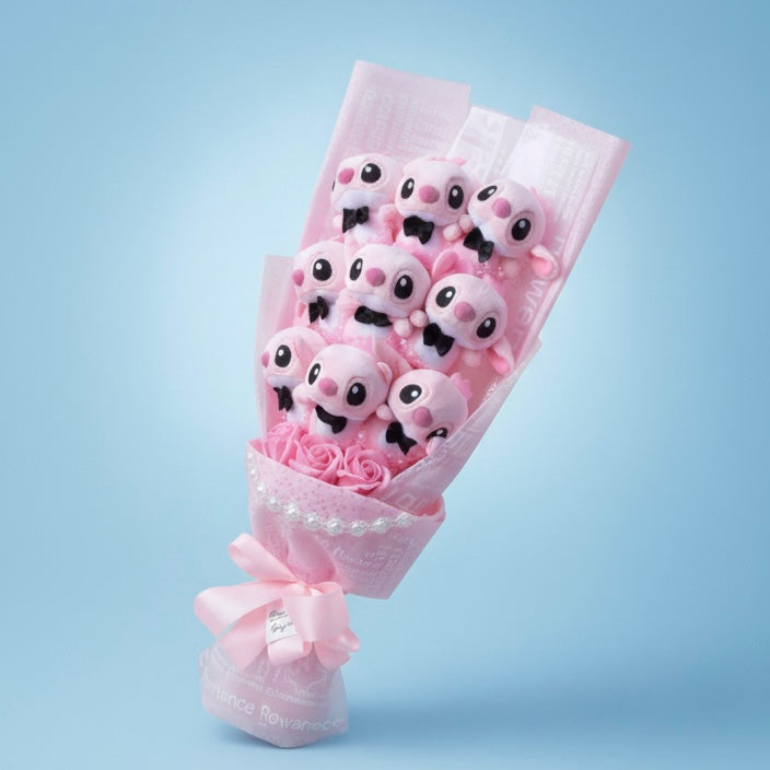 Bouquet BIG 55cm Lilo & Stitch - 9 pupazzi e rose - Rosa