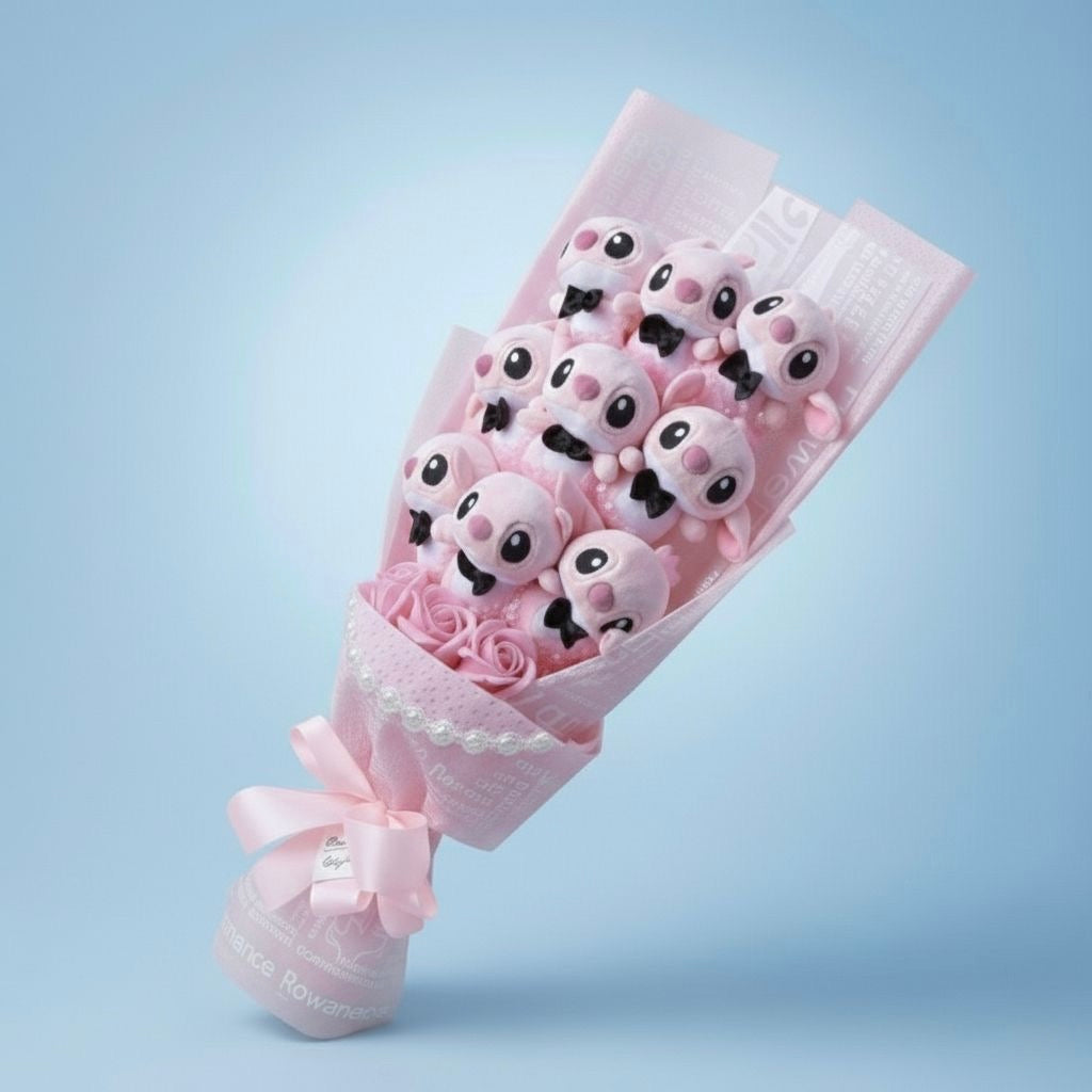 Bouquet BIG 55cm Lilo & Stitch - 9 pupazzi e rose - Rosa